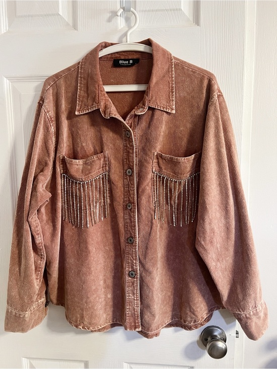 Amazon Jackets & Blazers - Women’s Pink Corduroy Shacket with  Rhinestone Fringe Pocket Detail L